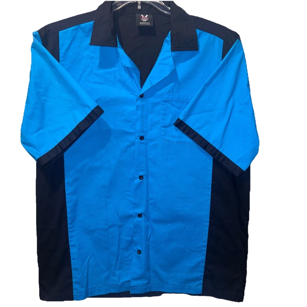 Hilton Shirt Mens M Blue Black Retro Bowling Button Short Sleeve Rockabilly